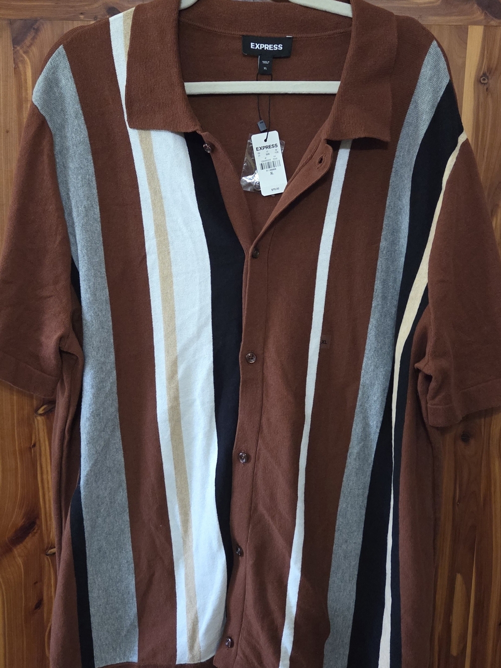 Express Men's Brown Short-Sleeve Vertical Stripe Button-Down Shirt